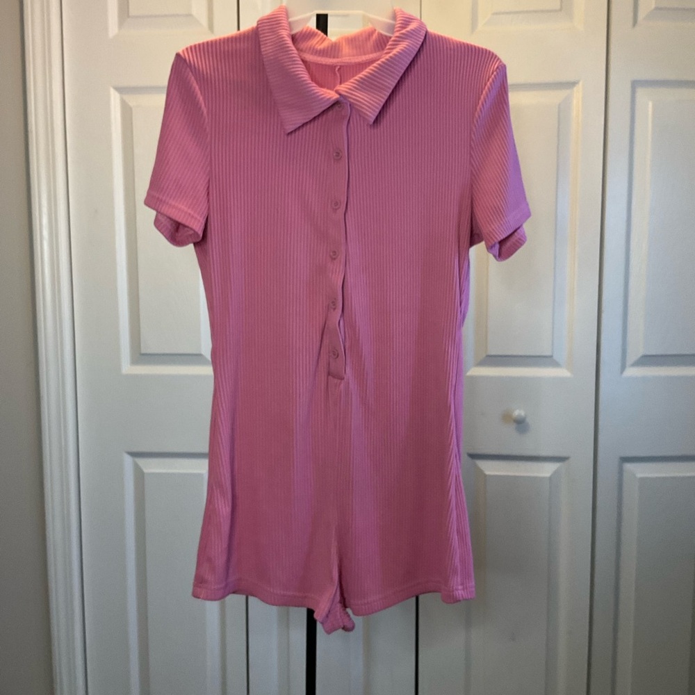 SHEIN Pink Collared Button-Up Romper